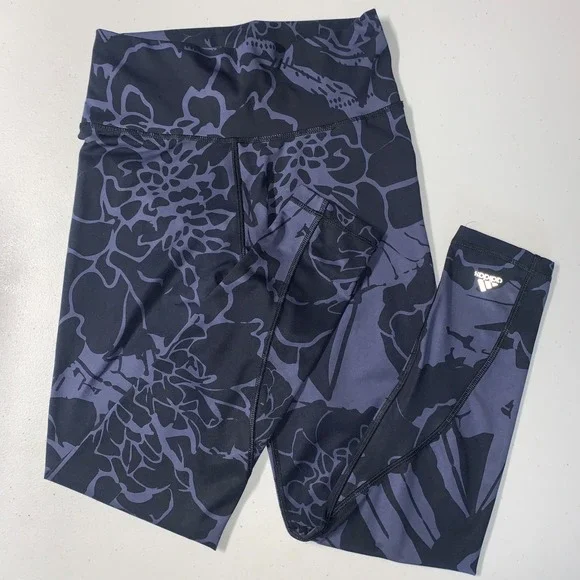 Adidas Womens Leggings Optime‎ Flower Print 7/8 Black Blue Athletic High Waist M - Picture 2 of 10